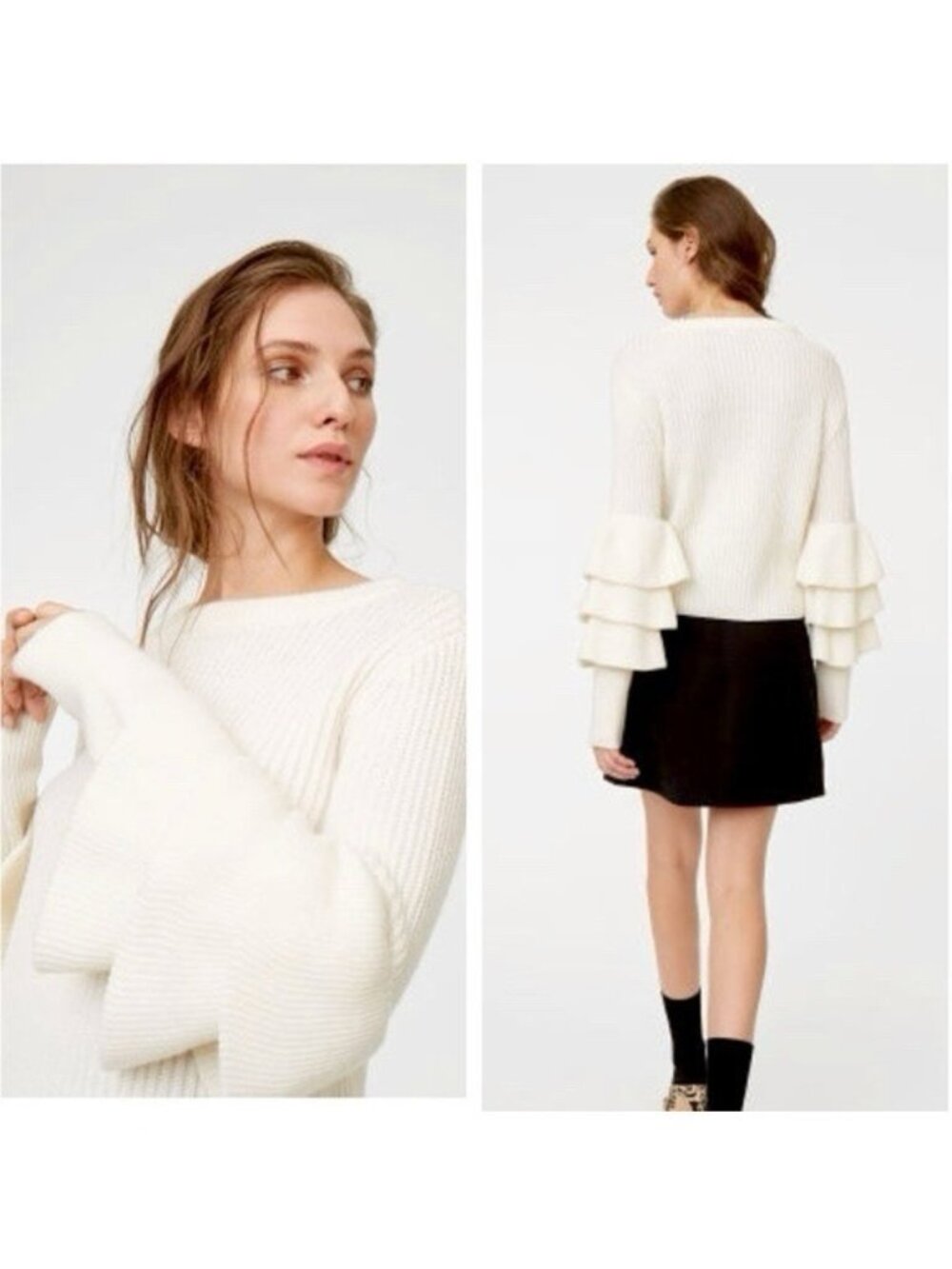 Club Monaco Asal Cream Ruffle Sleeve Sweater 100% Merino Wool Large